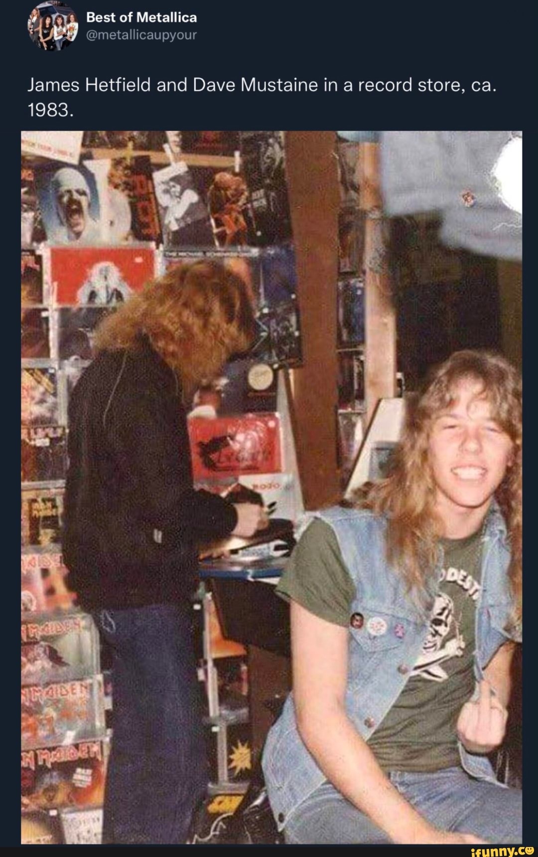 Best of Metallica @metallicaupyour James Hetfield and Dave Mustaine in a  record store, ca. 1983. 