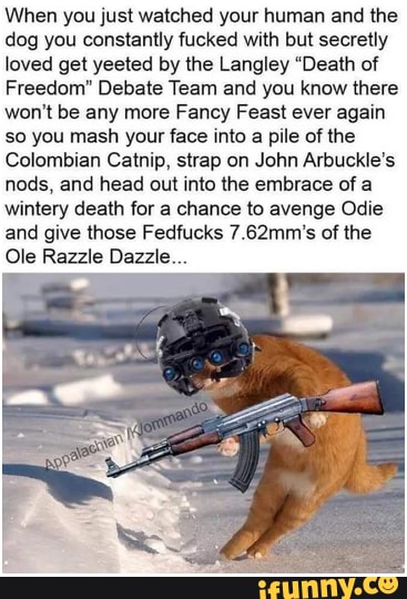 When you just watched your human and the dog you constantly fucked with but secretly loved get yeeted by the Langley "Death of
Freedom" Debate Team and you know there won't be any more Fancy Feast ever again so you mash your face into a pile of the
Colombian Catnip, strap on John Arbuckle's nods, and head out into the embrace of a wintery death for a chance to avenge Odie and give those Fedfucks 7.62mm's of the
Ole Raze Dazzle...