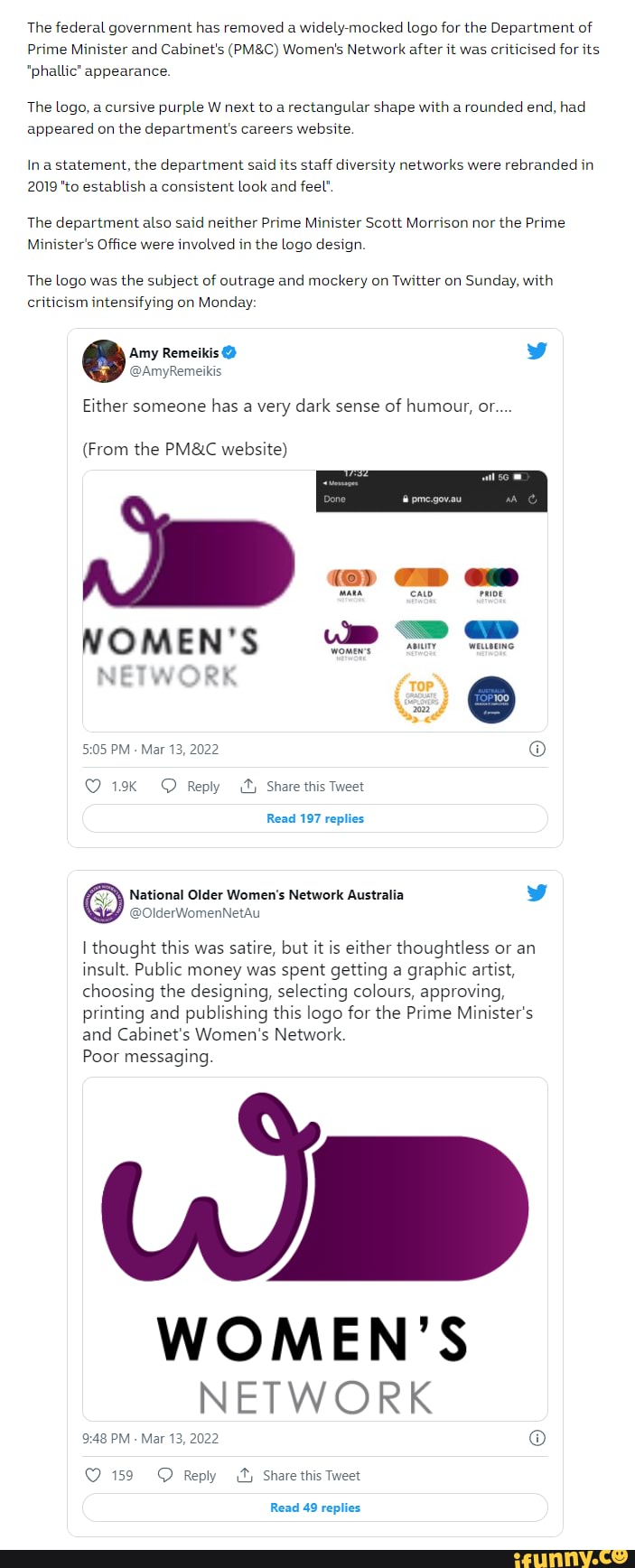 Prime Minister's department takes down 'phallic' Women's Network logo