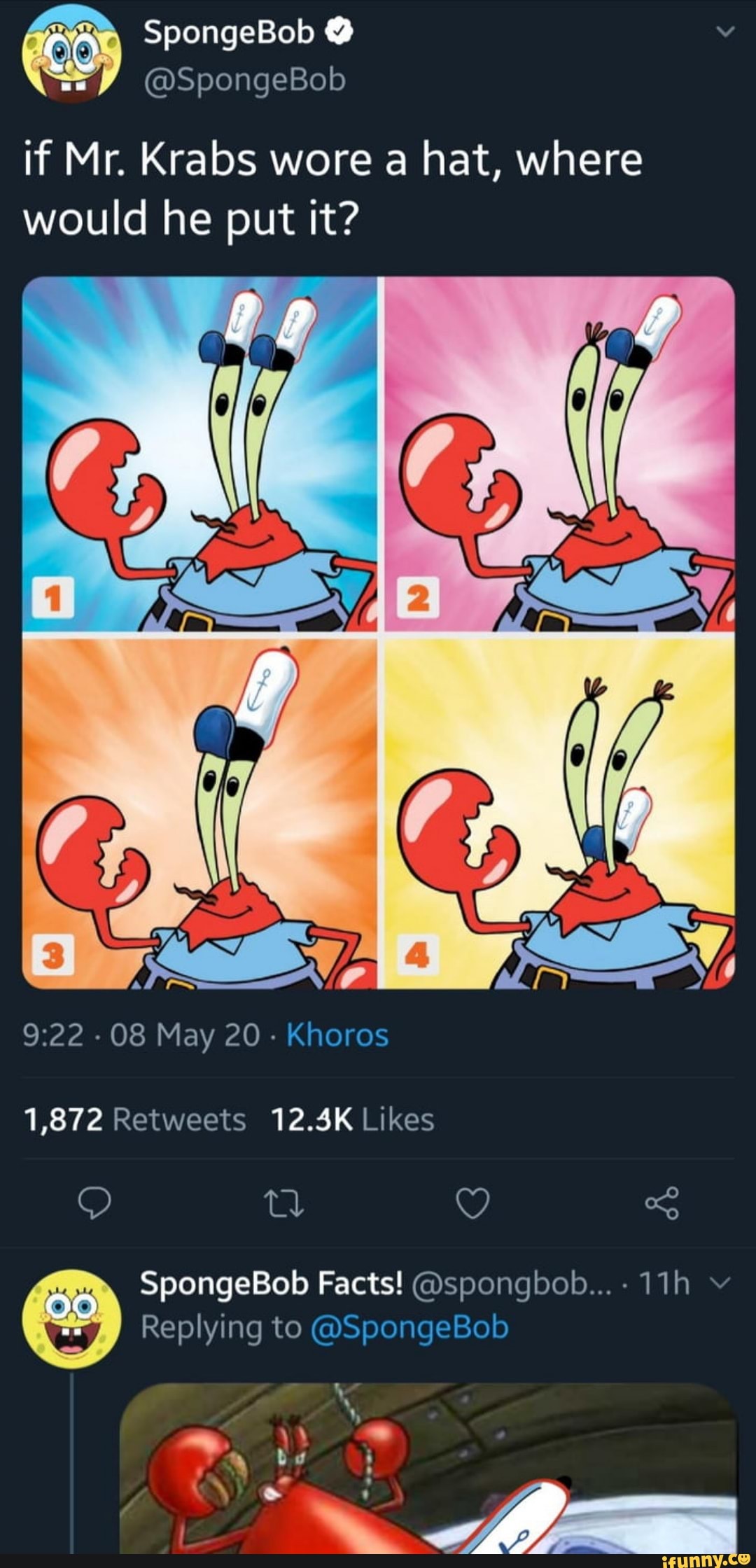 If Mr Krabs Wore A Hat Where Would He Put It Replying To Spongebob Ifunny