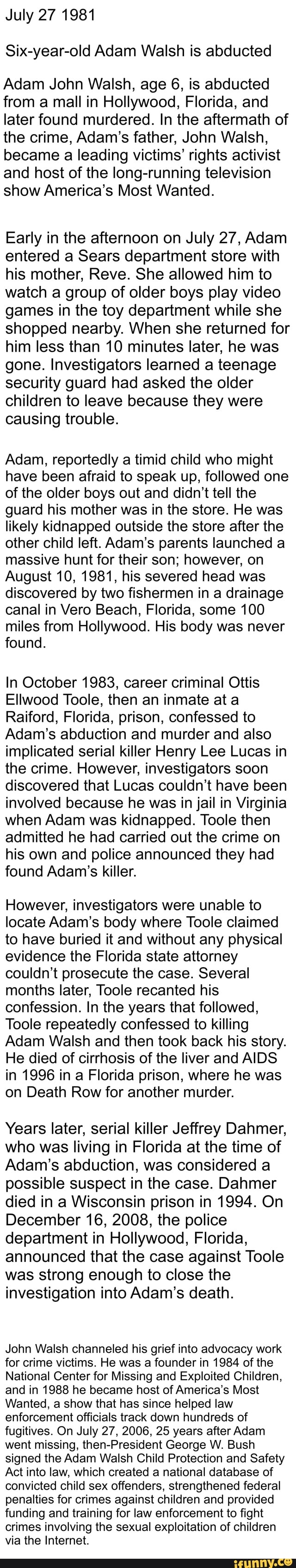 lets find them the kidnapping and murder of adam john walsh