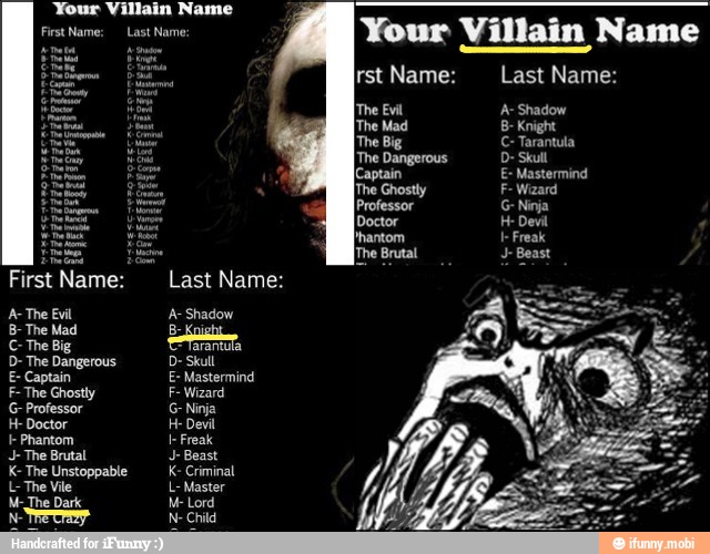 First Name:
A- The Evil
Last Name:
A- Shadow
Your Villain Name
rst Name:
[The Dangerous
[Captain
Last Name:
D- Skull
E- Mastermind