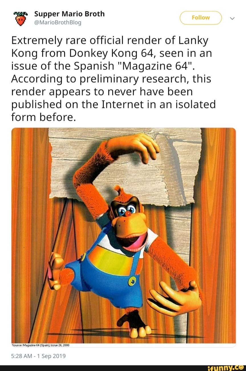 Extremely rare official render of Lanky Kong from Donkey Kong 64, seen