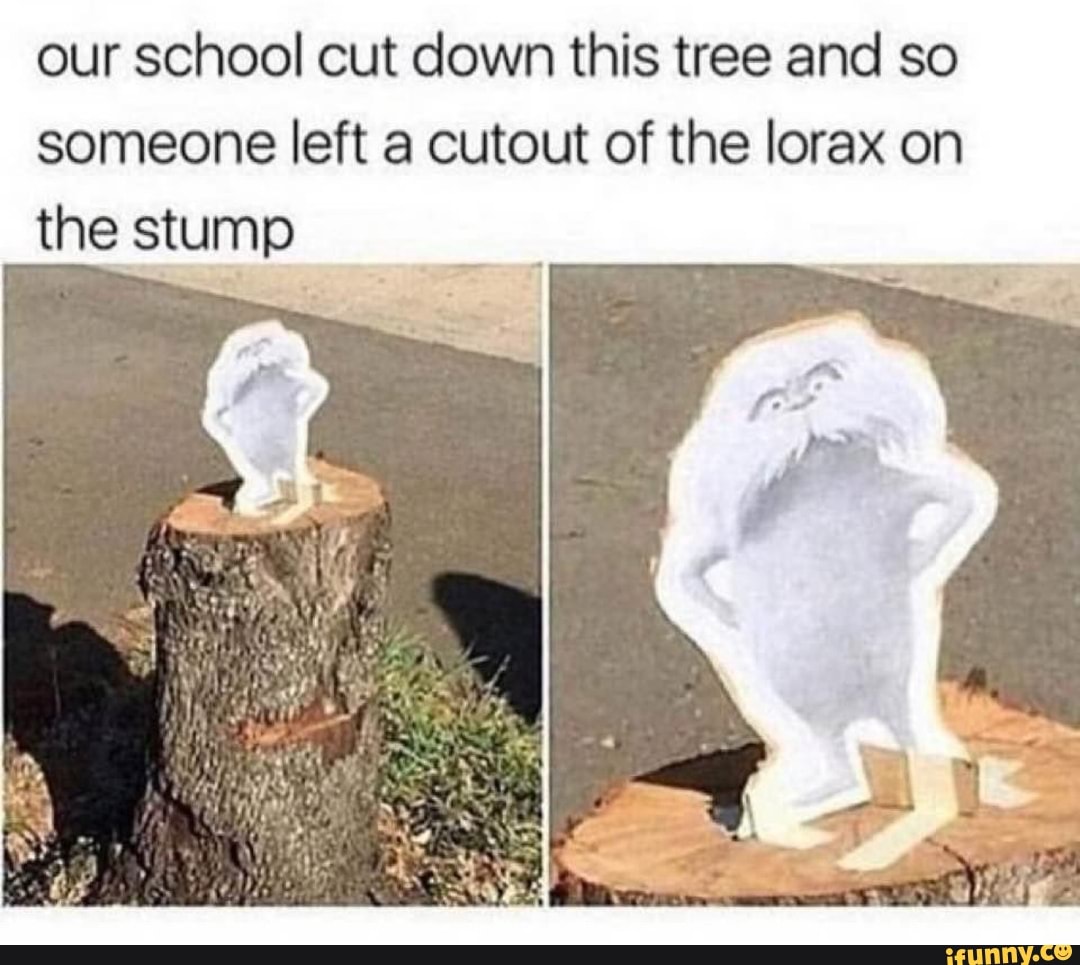 our school cut down this tree and so someone left a cutout of the lorax on the stump