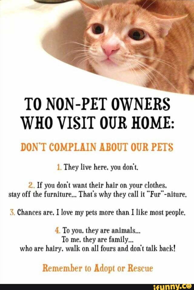 TO NONPET OWNERS WHO VISIT OUR HOME DON'T COMPLAIN ABOUT OUR PETS 1