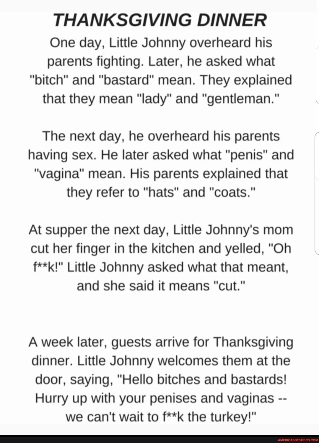 THANKSGIVING DINNER
One day, Little Johnny overheard his parents fighting. Later, he asked what
"bitch" and "bastard" mean. They explained that they mean "lady" and "gentleman."
The next day, he overheard his parents having sex. He later asked what "penis" and
"vagina" mean. His parents explained that they refer to "hats" and "coats."
At supper the next day, Little Johnny's mom
cut her finger in the kitchen and yelled, "Oh
f**k!" Little Johnny asked what that meant, and she said it means "cut."
A week later, guests arrive for Thanksgiving dinner. Little Johnny welcomes them at the door, saying, "Hello bitches and bastards!
Hurry up with your penises and vaginas
we can't wait to f**k the turkey!"