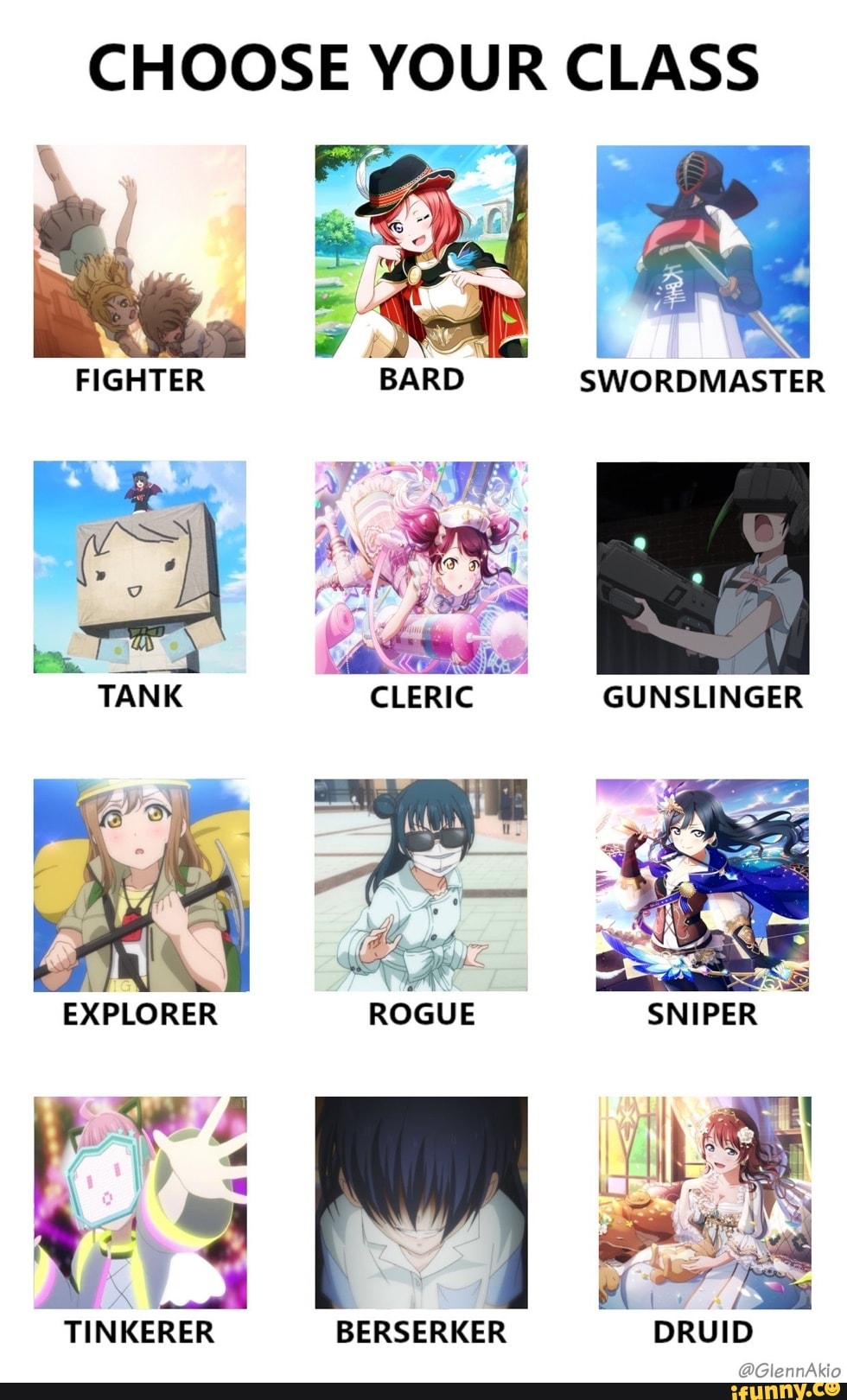 CHOOSE YOUR CLASS
SWORDMASTER
PN' al
FIGHTER
TANK CLERIC GUNSLINGER
ROGUE
yo}
TINKERER BERSERKER DRUID
@GlennAkio