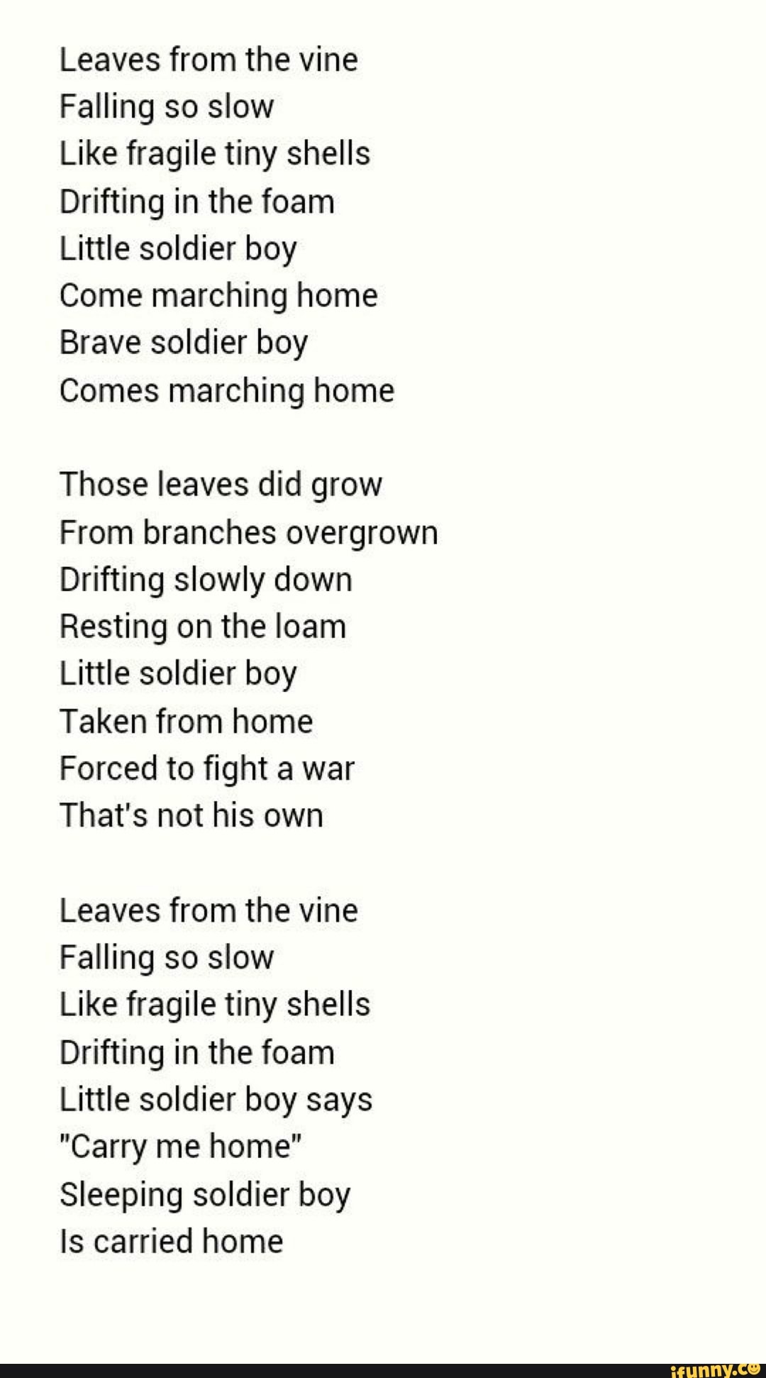 Leaves from the vine
Falling so slow
Like fragile tiny shells
Drifting in the foam
Little soldier boy
Come marching home
Brave soldier boy
Comes marching home
Those leaves did grow
From branches overgrown
Drifting slowly down
Resting on the loam
Little soldier boy
Taken from home
Forced to fight a war
That's not his own
Leaves from the vine
Falling so slow
Like fragile tiny shells
Drifting in the foam
Little soldier boy says
"Carry me home"
Sleeping soldier boy
Is carried home