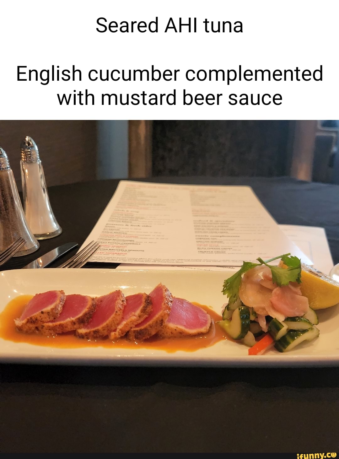 Seared AHI tuna English cucumber complemented with mustard beer sauce