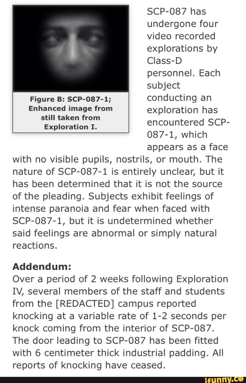 Scp 087 Has Undergone Four Video Recorded Explorations By Ciass D Personnel Each Subject Enhanced Image From Exploration Has Still Taken From Exploration 1 Encountered 087 1 Which Appears As A Face With No Visible