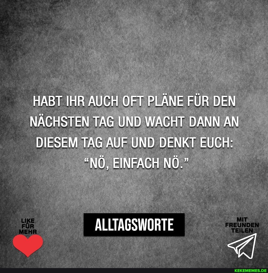 HABT IHR AUCH OFT PLÄNE FÜR DEN NÄCHSTEN TAG UND WACHT DANN AN DIESEM TAG AUF UND DENKT EUCH:
"NÖ, EINFACH NÖ."
ALLTAGSWORTE