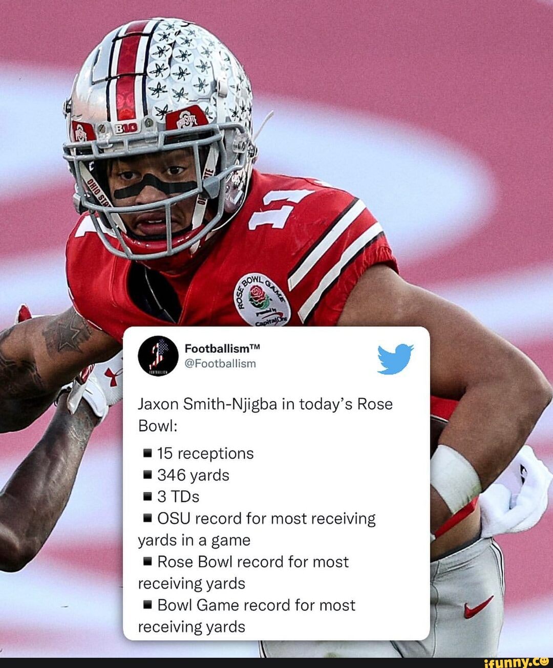 WW @Footballism Jaxon Smith-Njigba in today's Rose Bowl: 15 receptions 346  yards OSU record for