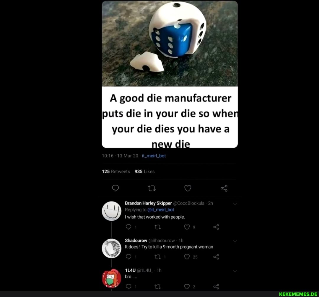 A good die manufacturer puts die in your die so whe your die dies you have a
125 935
Brandon Harley Skipper
@it_meirl_bot wish that worked with people.
Shadourow does ! Try to kill month pregnant woman
bro