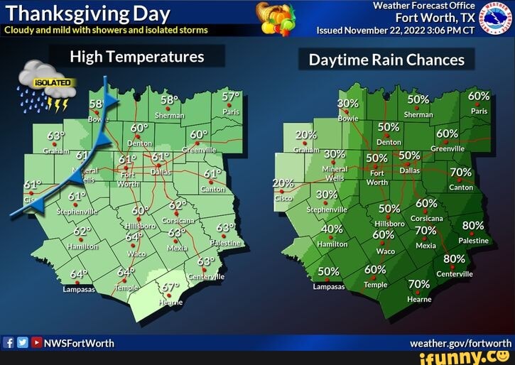 Thanksgiving Day Cloudy and mild with showers and isolated storms High