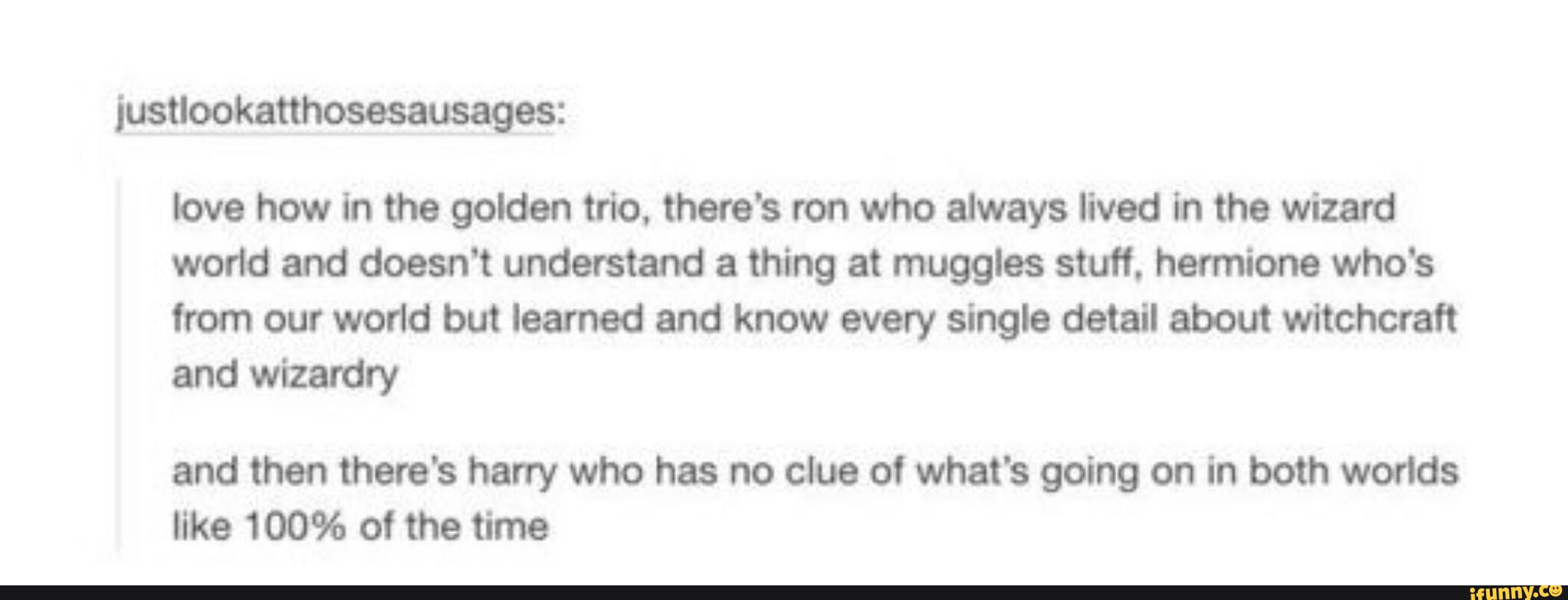justlookatthosesausages:
love how in the goiden trio. there's ron who always lived In the wizard
world and doesn’t understand a thing at muggles stufí. hermione who's
from our world but learned and know every single detail about witchcraft
wizardry
and then there's harry who has no clue of what’s going on in both worlds
like 100% of the time