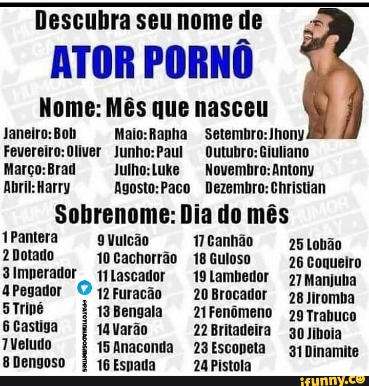 Descubra seu nome de
ATOR PORNÔ
Nome: Mês que nasceu
Janeiro: Beb
Outubro: Giuliano
Março: Brad Julho: Luke Novembro: Antony
Abril: Harry Dezembro: Christian
Sobrenome: Dia do mês
1 Pantera 9 Vulcão Wcanhão s5Lobão
2 Dotado 10 Cachorrão 18 Guloso 26 Coqueiro imperador qilascador Lambedor Manjuba aPegador O 12 Furação 20Brocador
5 Tripé 13 Bengala 21Fenômeno ag9Trabuco
6 Castiga 14 Varão 22 Britadeira 30 Jibota
TVoludo 15Anaconda 23Escopeta sibinamite
8 Dengoso 16 Espada 24 Pistola
