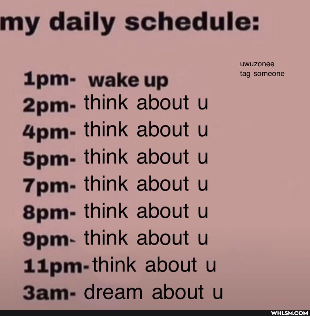 my daily schedule:
ipm- wake up think about u think about u think about u think about u think about u think about u think about u dream about u
uwuzonee
tag) someone