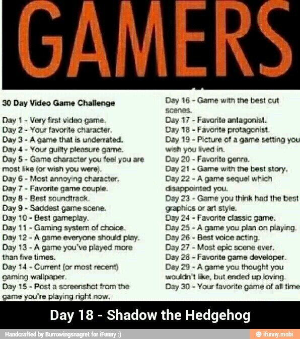 30 Day Video Game Challenge
Vory first video game.
Day 2
Your favorite character.
A game that is underrated.
Day 4
Your guilty pleasure game.
Game character you fes! you are
most like (or wish you were)
Most annoying character.
Favorite game couple.
Best soundtrack
Saddest game scene.
Best gameplay.
Day 11
Gaming system of choice.
Day 12
A game everyone should piay.
Day 13
A game you've played more
than five times.
Day 14
Current [or most recent)
gaming wallpaper.
Post a screenshot from the
game you're playing right now.
Game with the best cut
scenes.
Day 17
Favorite antagonist.
Day 18
Favorite protagonist.
Day 19
Picture of a game setting you
wish you lived in.
Day 20
Favorite genre.
Day 21
Game with the best story.
Day 22
A game seque! which
disappointed you.
Day 23
Game you think had the best
graphics or art style.
Favorite classic game.
Day 25
A game you plan on playing.
Day 26
Best voice acting.
Day 27
Most epic scene ever.
Day 28
Favorite game developer.
A game you thought you
wouldn't like, but ended up loving
Day 30
Your favorite game of al time
Day 18
Shadow the Hedgehog - Day 18 - Shadow the Hedgehog