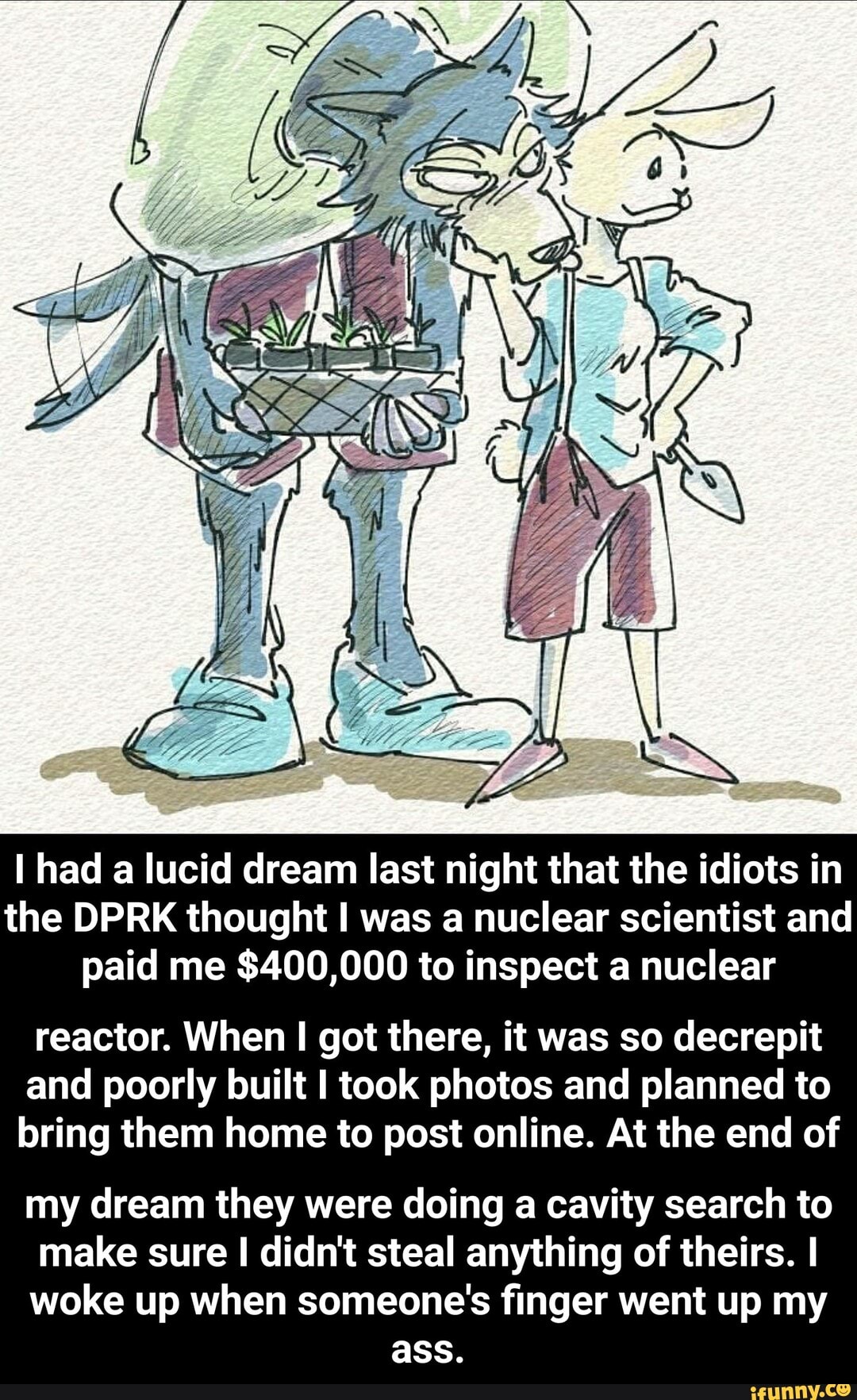 I had a lucid dream last night that the idiots in
the DPRK thought I was a nuclear scientist and
paid me $400,000 to inspect a nuclear
reactor. When I got there, it was so decrepit
and poorly built I took photos and planned to
bring them home to post online. At the end of
my dream they were doing a cavity search to
make sure I didn't steal anything of theirs. I
woke up when someone's finger went up my
ass. - my dream they were doing a cavity search to make sure I didn't steal anything of theirs. I woke up when someone's finger went up my ass.