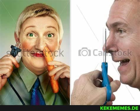 lady, puts, plug, ear, sausage, nose, man, cuts