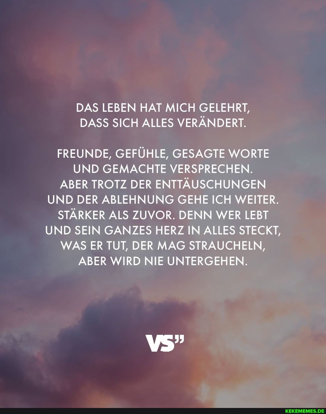 DAS LEBEN HAT MICH GELEHRT,
DASS SICH ALLES VERÄNDERT.
FREUNDE, GEFÜHLE, GESAGTE WORTE UND GEMACHTE VERSPRECHEN.
ABER TROTZ DER ENTTÄUSCHUNGEN UND DER ABLEHNUNG GEHE ICH WEITER.
STÄRKER ALS ZUVOR. DENN WER LEBT UND SEIN GANZES HERZ IN ALLES STECKT,
WAS ER TUT, DER MAG STRAUCHELN,
ABER WIRD NIE UNTERGEHEN.
