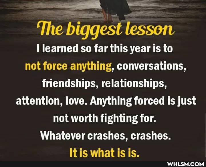 The biggest lesson learned so far this year is to not force anything, conversations, friendships, relationships, attention, love. Anything forced is just not worth fighting for.
Whatever crashes, crashes.
It is what is is.