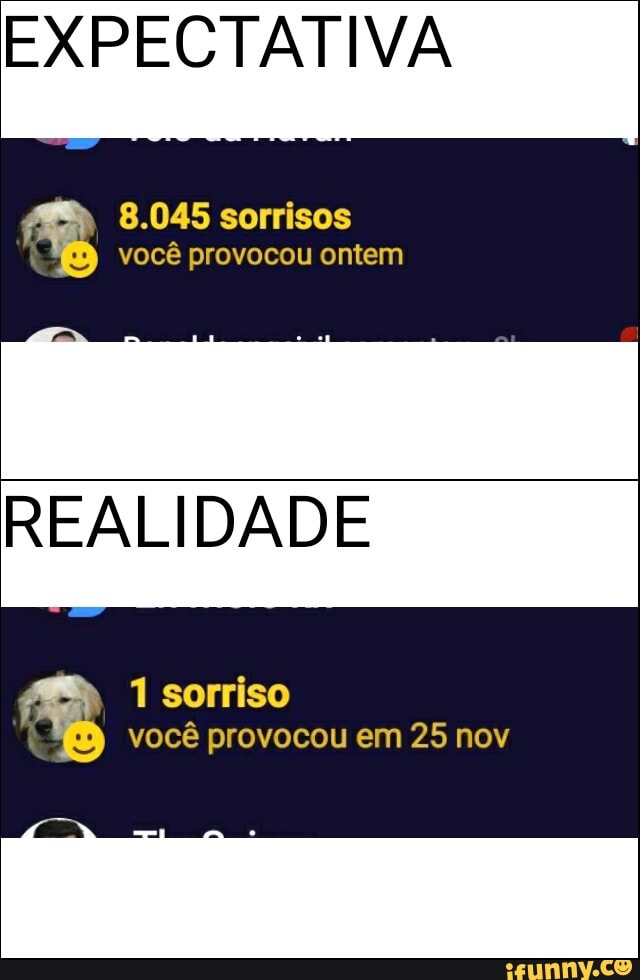 EXPECTATIVA
8.045 sorrisos
você provocou ontem
REALIDADE
1 sorriso
você provocou em 25 nov