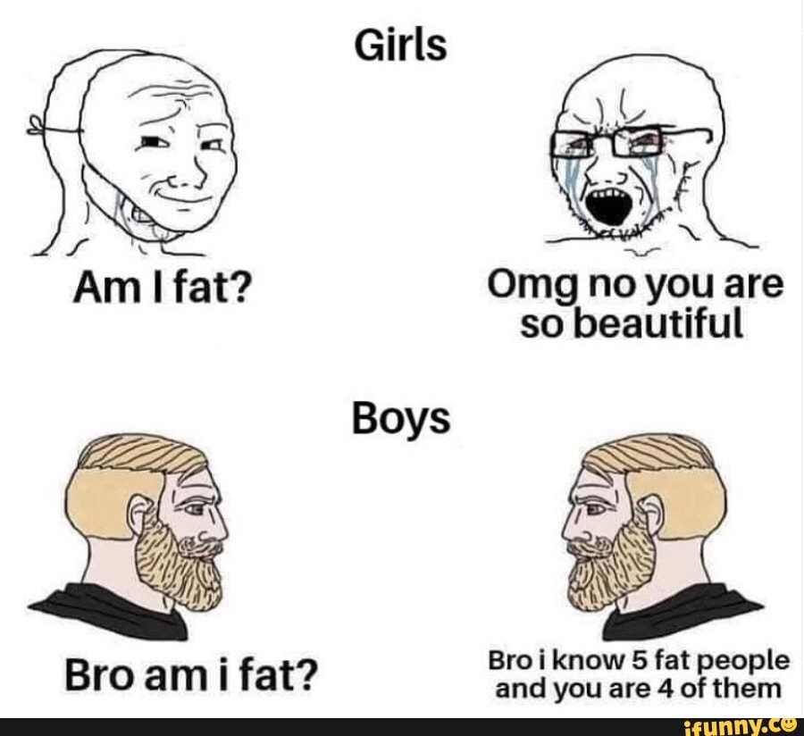 Girls Omg no you are so beautiful Boys Bro know 5 fat people Bro ann ...