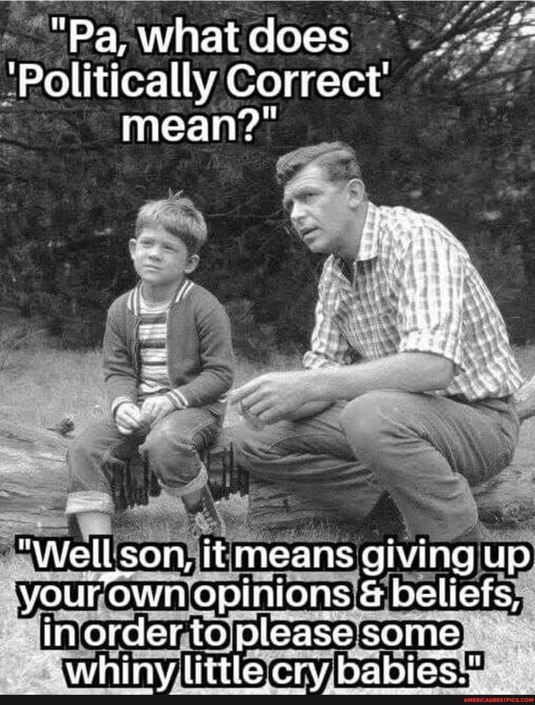 Pa, what does &#39;Politically Correct&#39; mean?&quot; &quot;WelLson, it means giving up you  Own opinions &amp; beliefs, inorder to please some&quot; ~whiny little cry. babies.&quot;  - America&#39;s best pics and videos