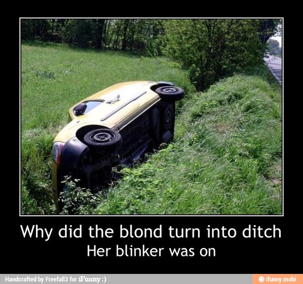Why did the blond turn into ditch
Her blinker was on - Why did the blond turn into ditch
Her blinker was on