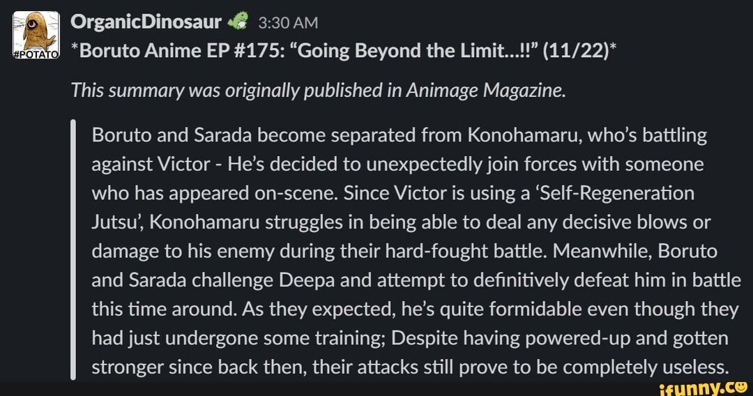 Organicdinosaur Am Boruto Anime Ep 175 Going Beyond The Limit This Summary Was Originally Published In Animage Magazine Boruto And Sarada Become Separated From Konohamaru Who S Battling Against Victor He S