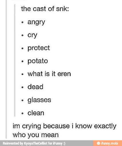 the cast of snk:
angry
cry
protect
potato
what is it eren
dead
glasses
clean
im crying because i know exactly
who you mean