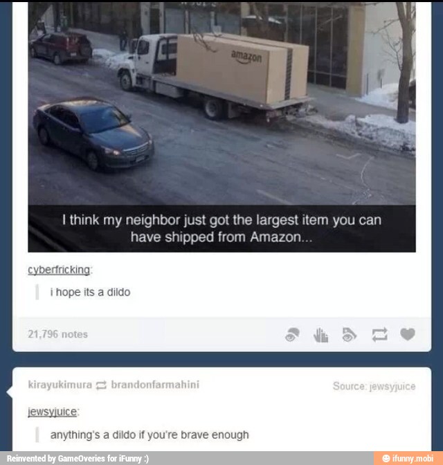 I think my neighbor just got the largest item you can
have shipped from Amazon.
dildo if you're brave enough