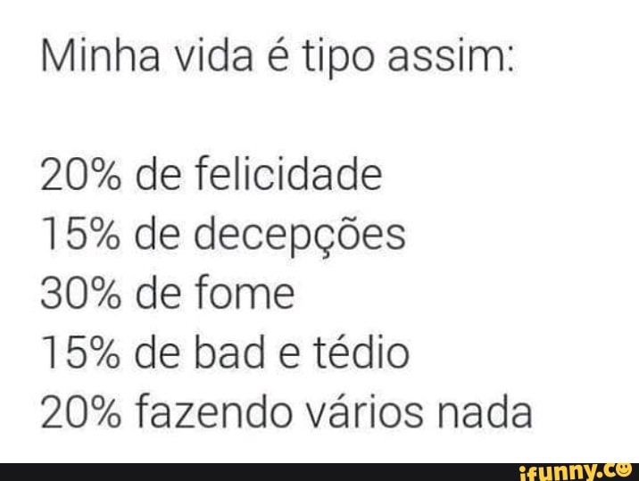 Minha vida é tipo assim:
20% de felicidade
15% de decepções
30% de fome
15% de bad e tédio
20% fazendo vários nada