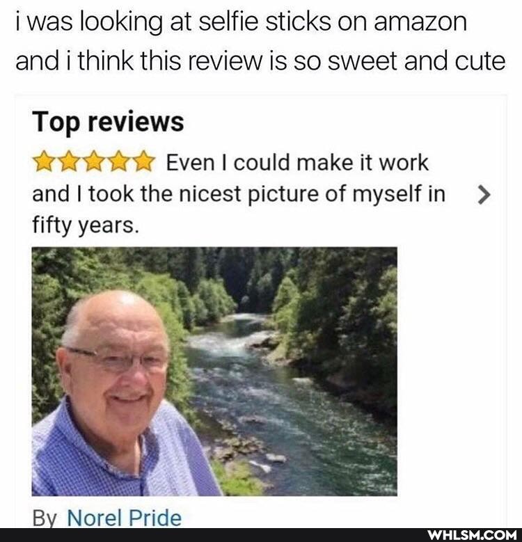 i was looking at selfie sticks on amazon and i think this review is so sweet and cute
Top reviews
Even I could make it work and I took the nicest picture of myself in > fifty years.