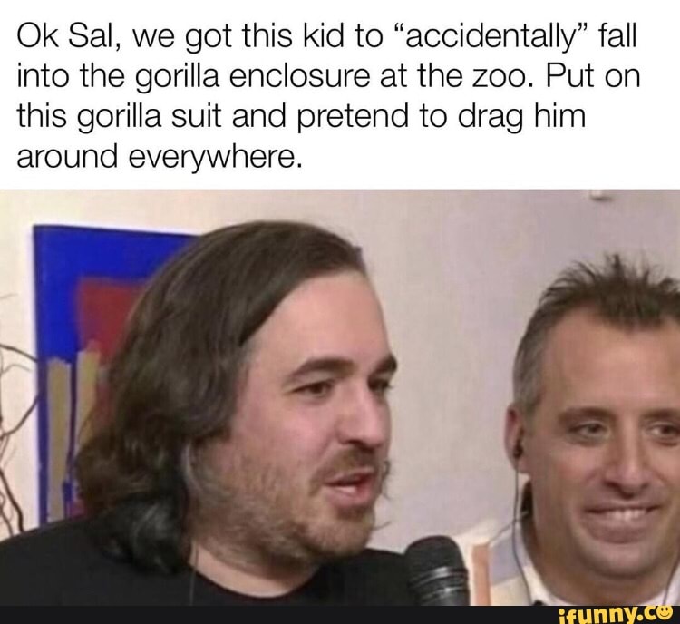 Ok Sal, we got this kid to "accidentally" fall
into the gorilla enclosure at the zoo. Put on
this gorilla suit and pretend to drag him
around everywhere.