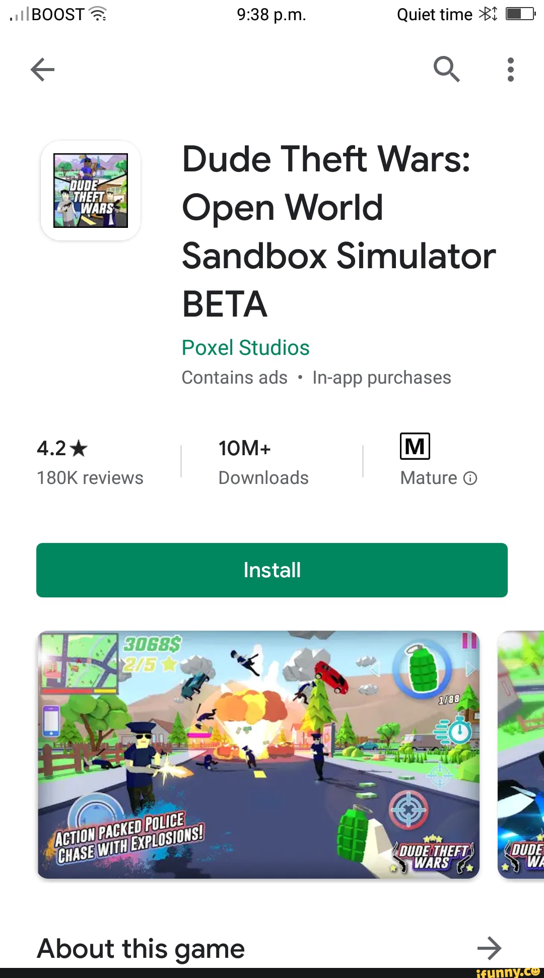 Dude Theft Wars: Open World Sandbox Simulator BETA Poxel Studios Contains  ads In-app purchases 180K reviews Downloads Mature O - iFunny