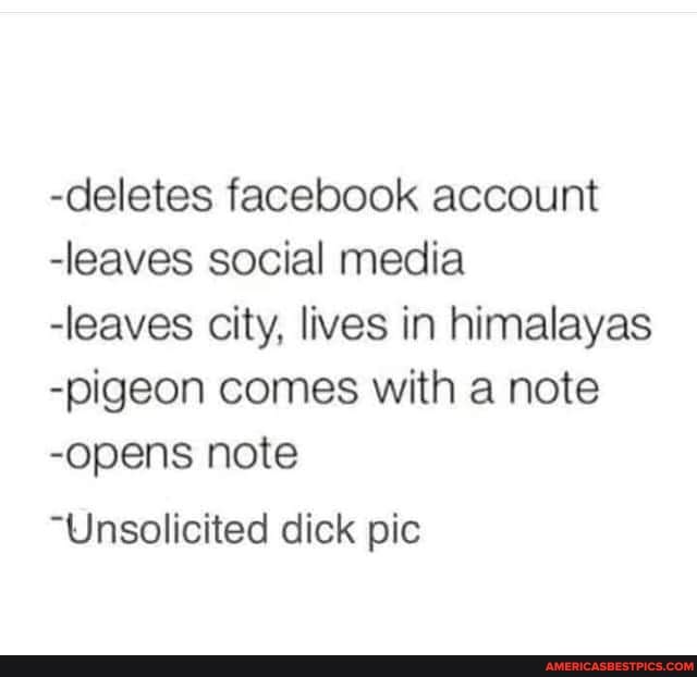-deletes facebook account
-leaves social media
-leaves city, lives in himalayas
-pigeon comes with a note
-opens note
"Unsolicited dick pic