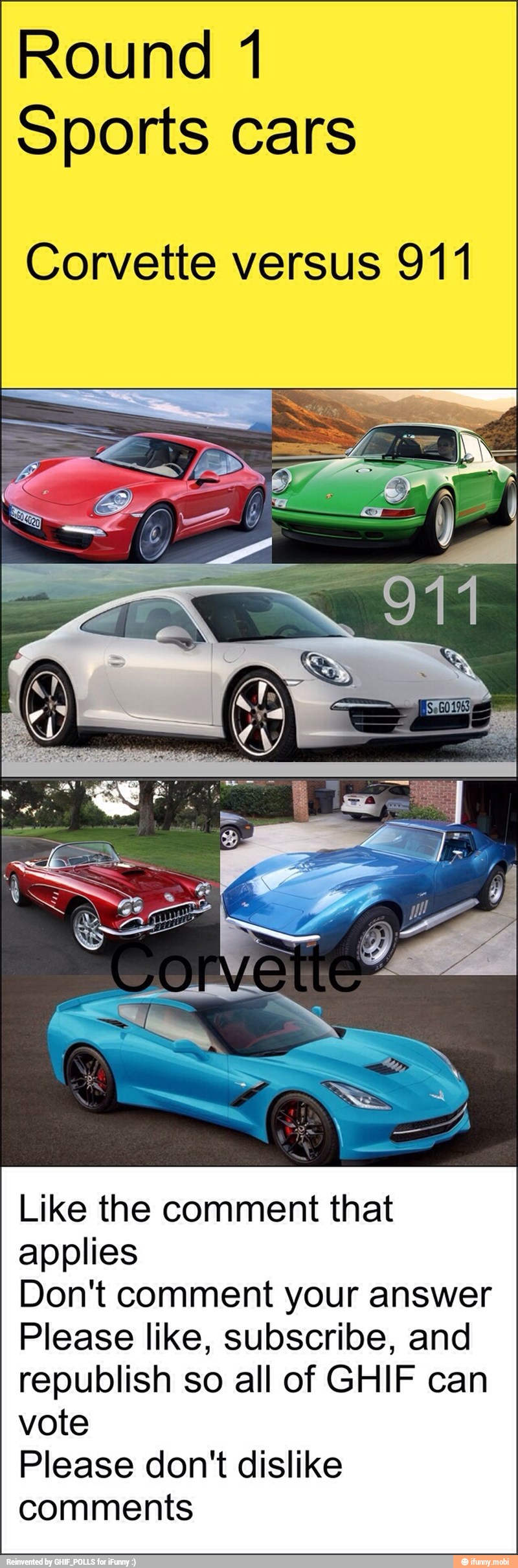 Round 1
Sports cars
Corvette versus 911