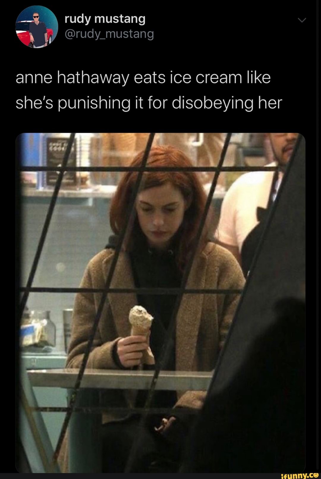 Anne hathaway eats ice cream like she's punishing it for disobeying her -  