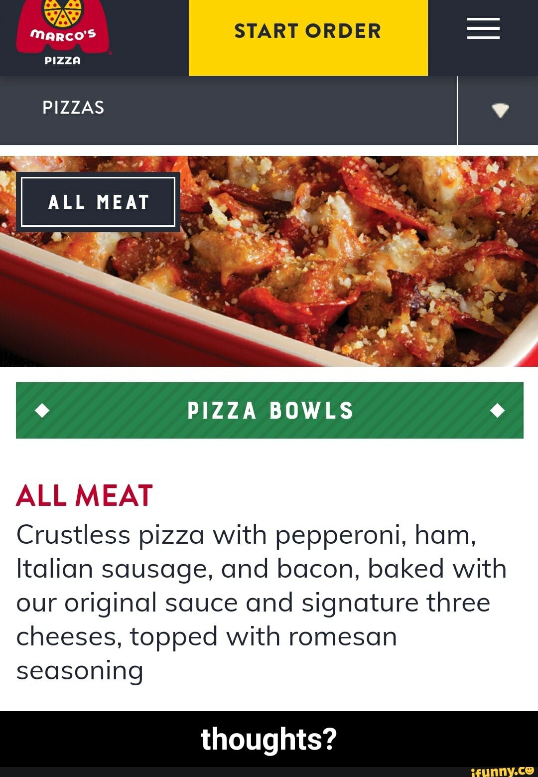 Marco's START ORDER PIZZA PIZZAS ALL MEAT Crustless pizza with ...