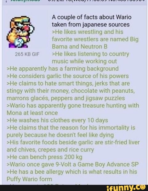 A couple of facts about Wario
taken from japanese sources
>He likes wrestling and his
favorite wrestlers are named Big
Bama and Neutron B
265 KB GIF >He likes listening to country
music while working out
>He apparently has a farming background
>He considers garlic the source of his powers
>He claims to hate smart things, jerks that are
stingy with their money, chocolate with peanuts,
marrons glacés, peppers and jigsaw puzzles
>Wario has apparently gone treasure hunting with
Mona at least once
>He washes his clothes every 10 days
>He claims that the reason for his immortality is
purely because he doesn't feel like dying
>His favorite foods beside garlic are stir-fried liver
and chives, crepes and rice curry
>He can bench press 200 kg
>Wario once gave 9-Volt a Game Boy Advance SP
>He has a bee allergy which is what results in his
Puffy Wario form