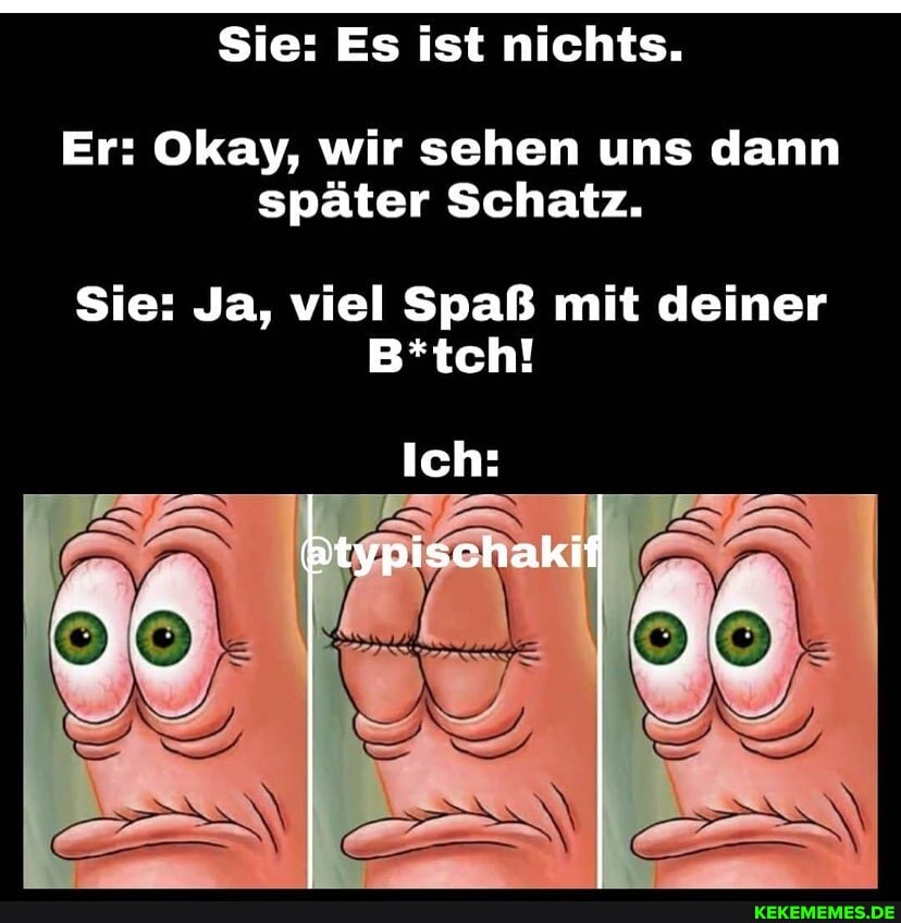 Sie: Es ist nichts.
Er: Okay, wir sehen uns dann später Schatz.
Sie: Ja, viel Spaß mit deiner
B*tch!
Ich:
typischaki