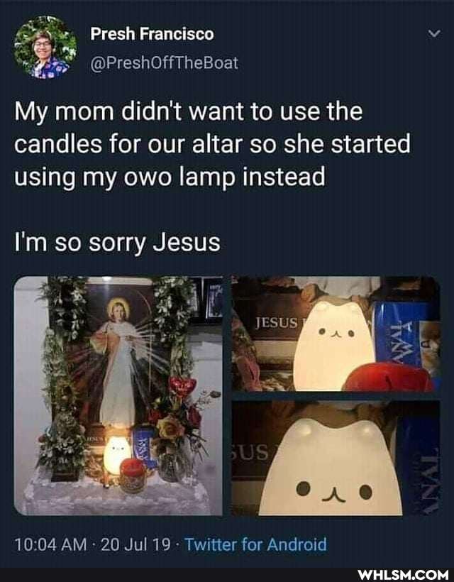 My mom didn't want to use the candles for our altar so she started
using my owo lamp instead
I'm so sorry Jesus
1004 AM 20 Jul 19 Twitter for Android