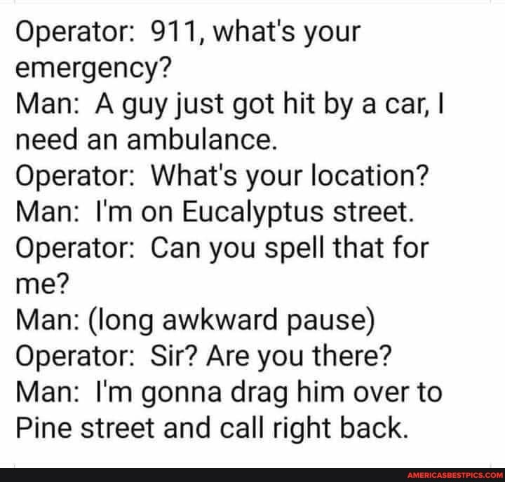 Operator: 911, what's your emergency?
Man: A guy just got hit by a car, I need an ambulance.
Operator: What's your location?
Man: I'm on Eucalyptus street.
Operator: Can you spell that for me?
Man: (long awkward pause)
Operator: Sir? Are you there?
Man: I'm gonna drag him over to
Pine street and call right back.