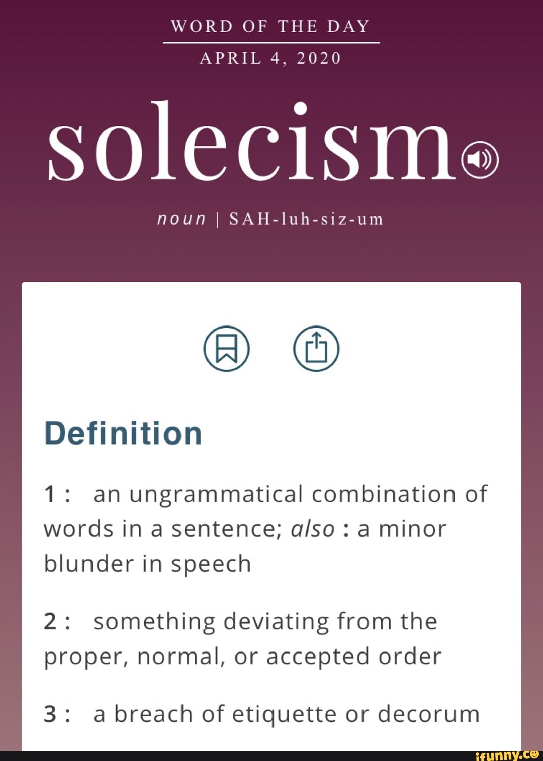 WORD OF THE DAY noun I SAHluhsizum 1 an ungrammatical combination