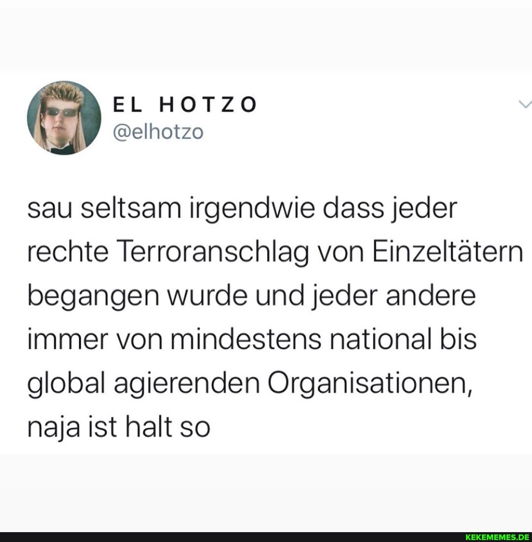 sau seltsam irgendwie dass jeder rechte Terroranschlag von Einzeltätern begangen wurde und jeder andere immer von mindestens national bis global agierenden Organisationen, naja ist halt so