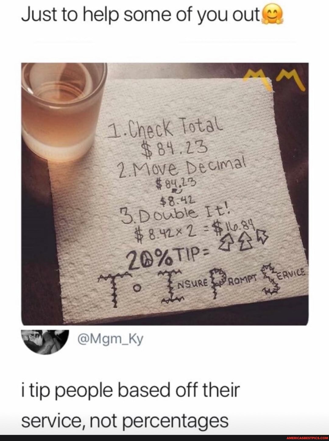 Just to help some of you out@
Total
pe
tip people based off their service, Not percentages