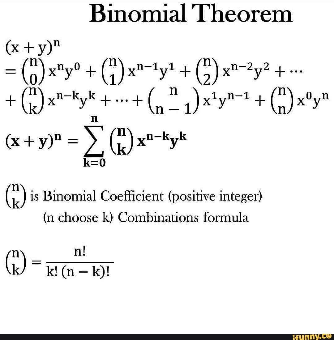 Binomial Theorem 0 Is Binomial Coefficient Positive Integer N Choose K Combinations 0831
