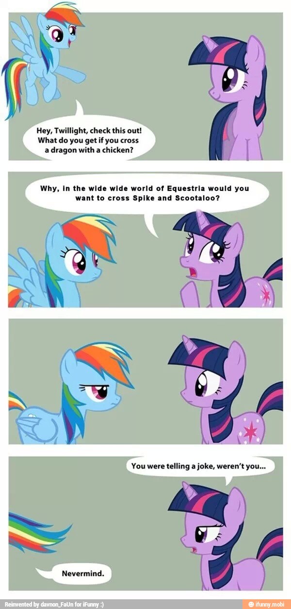 Hey, Twillight, check this out!
Why, in the wide wide world of Equestria would you
want to cross Spike and Scootaloo?
You were
telling a
Nevermind.